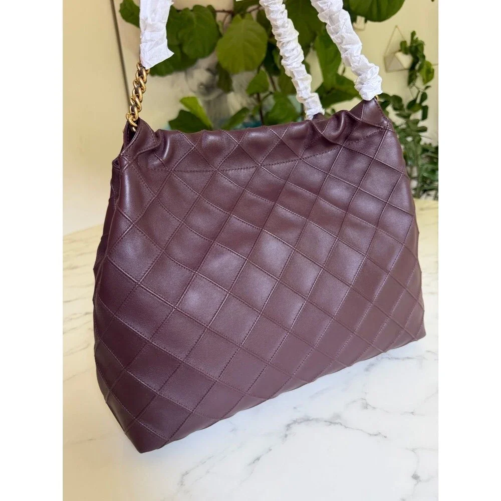 NWT Tory Burch Fleming Soft Drawstring Hobo Bag Albarossa Burgundy Leather